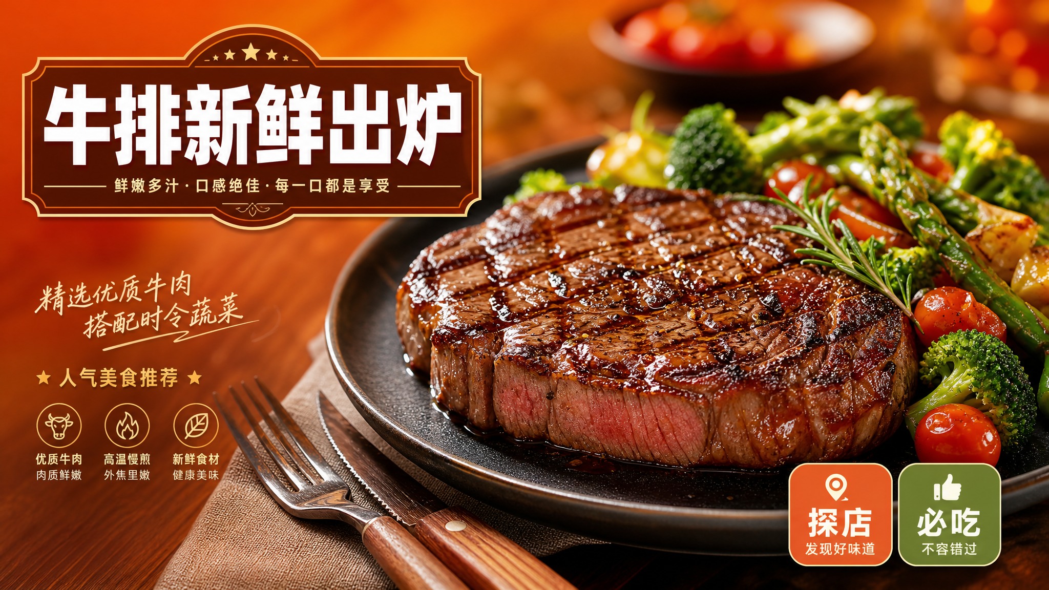 活力美食风格海报，暖橙色渐变背景，背景虚化处理突出中心主题。画… - 图片创意预览