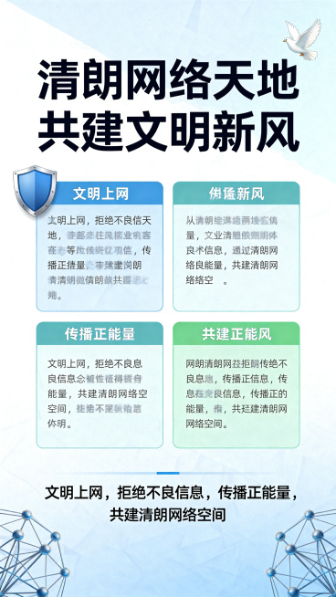 清朗网络文明同行公益宣传海报，上方放置大字主标题清朗网络天地 共建文明新风，中间区域分四块排版四大主题，下方放置宣传正文，角落点缀盾牌和平鸽网线等正能量元素，整体采用浅蓝白色淡绿配色，清爽正式公益风格预览效果