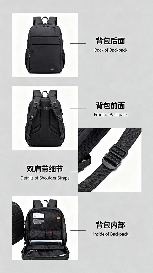 请帮做一张1080*1920的细节图，底图需要灰色系，图里面需要适当的中文和英文的搭配，图片1旁边注释背包后面，图片2注释背包前面，图片3注释双肩带细节，图片4注释背包内部，要做的显得大气