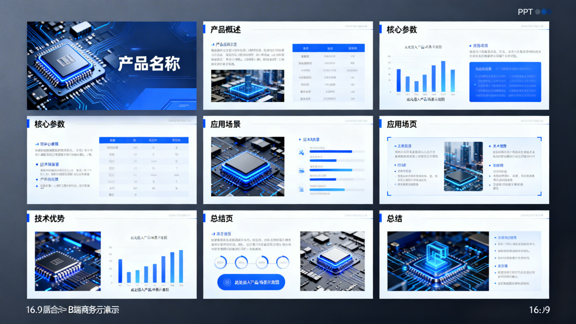 芯片产品介绍PPT模板，科技感商务风格，包含封面页、产品概述页、核心参数页、应用场景页、技术优势页、总结页共6页，整体采用蓝银科技配色，封面带有芯片元素和产品名称占位，内页有清晰的信息分区、数据图表占预览效果