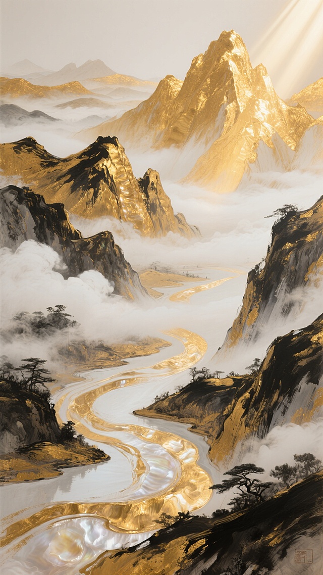 俯瞰视角，一幅融合东方山水意境与抽象表现主义的巨幅画卷，整体以流动的金箔色与纯净的象牙白为主调，金色从深琥珀色向珍珠母贝光泽渐变，如同晨曦中的云海漫过山峦。画面中，粗犷而富有韵律的笔触巧妙地勾勒出层叠的远山轮廓与蜿蜒的江河脉络，厚重的颜料堆积处形成险峻的山峰肌理，轻盈扫过的笔触则化作波光粼粼的湖面涟漪。右上方斜射的光线在金色山峦的凸起处形成耀眼的高光，凹陷的峡谷则沉淀为深邃的暗影，光影交错间仿佛能听见山间清泉流淌之声。金色的云雾在象牙白的空间中流动，隐约浮现出传统水墨的留白意境，整体氛围既奢华璀璨又不失东方禅意的空灵悠远。