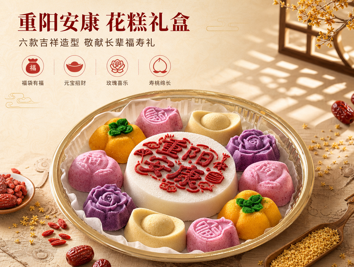 [商品] 使用【图1】和【图2】重阳安康花糕礼盒；保留中心圆形… - 图片创意预览