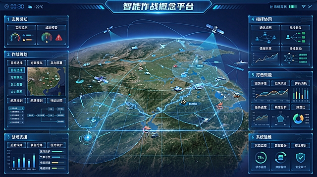 生成基于GIS地图的智能作战概念平台首页界面，主标题为"智能作战概念平台"，包含6个模块：模块1包含功能1、功能2；模块2包含功能3、功能4、功能5、功能6、功能7、功能8；模块3包含功能1、功能2、功能3、功能4、功能5；模块4包含功能1、功能2、功能3、功能4；模块5包含功能1、功能2、功能3、功能4、功能5、功能6；模块6包含功能1、功能2、功能3，界面层级分明，科技深蓝色科技风，参考上传图片的大屏可视化布局风格，以GIS地图为中心展示