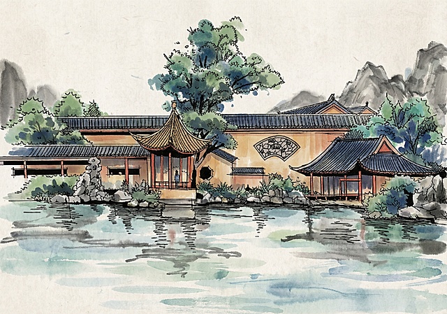 根据上传的线稿图生成彩色水墨风的画作