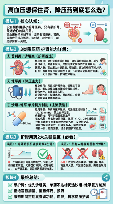 「图片1」
封面标题
高血压想保住肾，降压药到底怎么选？
板块1 核心认知
没有副作用最小的降压药，只有最护肾、最适合你的降压药。
高血压长期控制不佳，是导致肾损伤、肾衰、尿毒症的核心诱因，选对药、稳预览效果