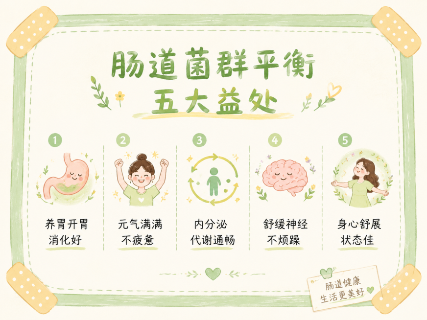 手绘简约治愈风，创可贴边框版式，清新小满配色，暖柔质感，线条柔和，文艺极简，无复杂背景，适合朋友圈科普，包含文案主题“肠道菌群平衡五大益处，养胃开胃消化好、元气满满不疲惫、内分泌代谢通畅、舒缓神经不烦预览效果