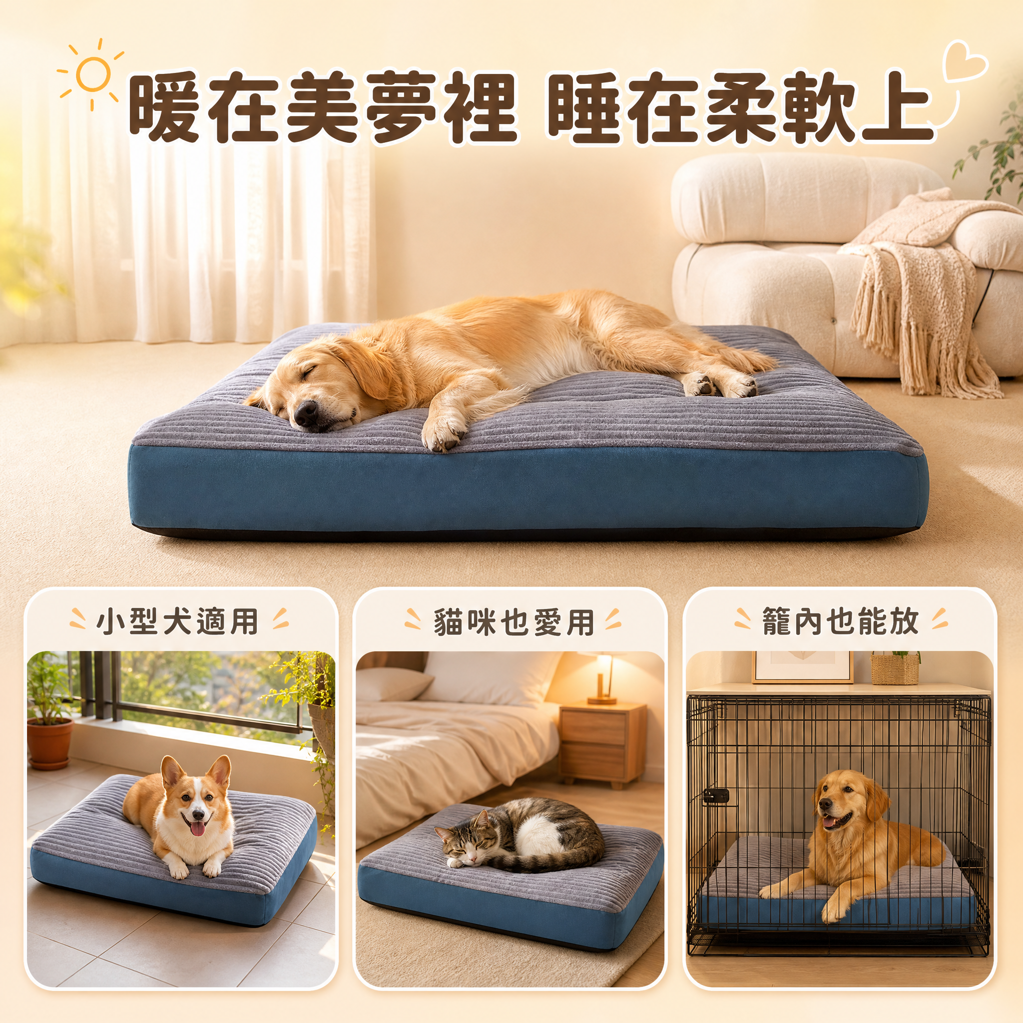 [主图-6] 宠物狗床垫 多场景适用图，展示产品适合多种家居环… - 图片创意预览