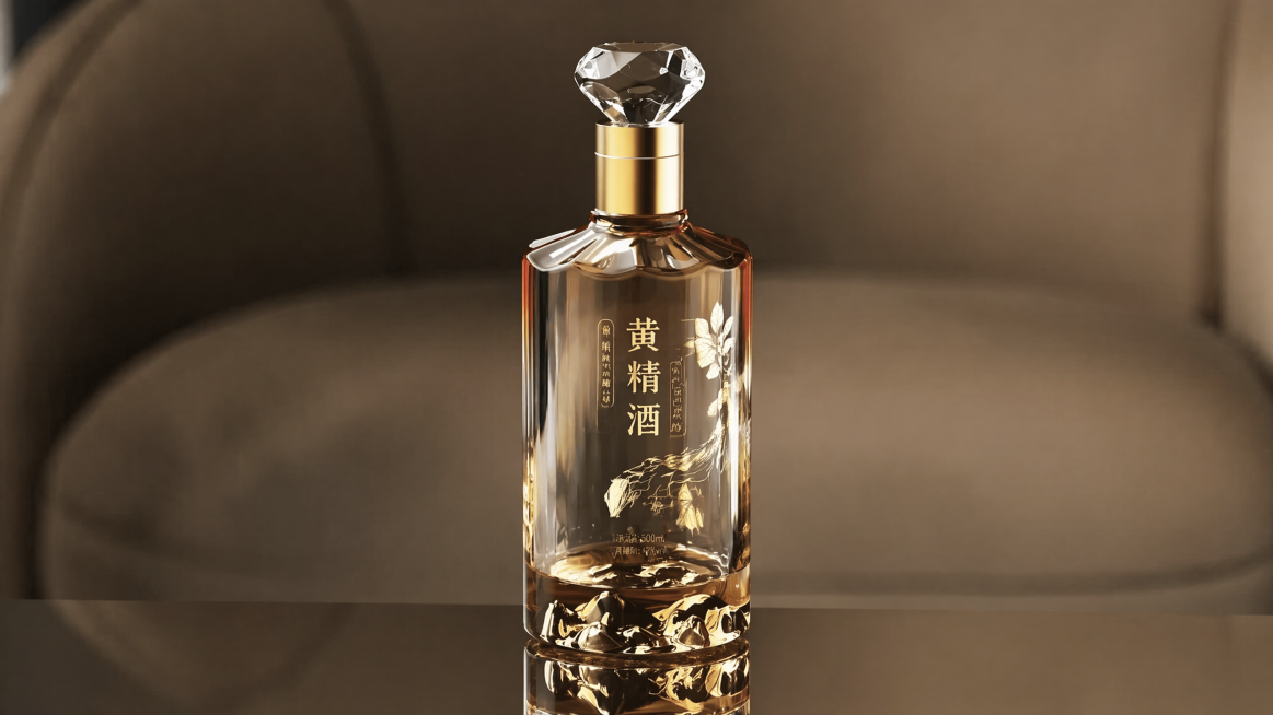 为这款透明玻璃瓶黄精酒设计一体式烤漆标签，瓶身融入黄精植物元素，保留瓶身原有透明质感和整体造型，标签为烤漆工艺不是贴标，高档精致风格预览效果