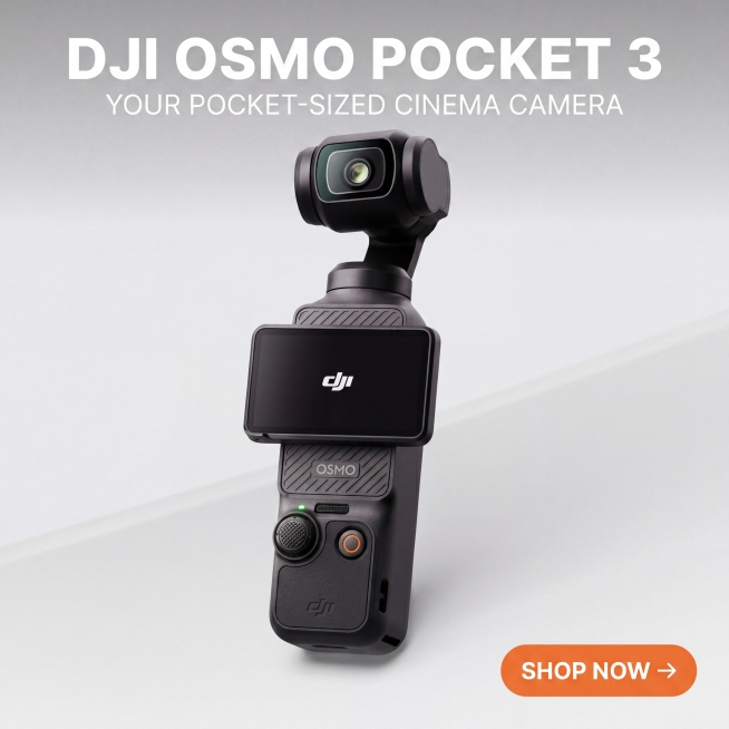 「图片1」严格还原上传的 DJI Osmo Pocket 3 产品图，包括机身哑光黑颜色、LOGO 位置、文字内容（DJI/OSMO）、图案元素、按键布局（橙色录制键、拨轮、云台结构、旋转屏幕）等所有预览效果