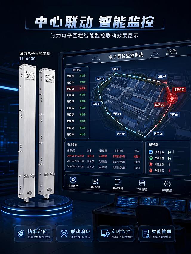 [第6屏] 中心报警联动监控展示，张力电子围栏智能监控联动效果。
[氛围/风格] 科技智能监控风，深蓝科技背景，可视化数据展示，专业安防调性。
[元素布局] 右侧展示监控大屏，大屏上显示电子围栏模拟地图，标注防区位置和报警点位；左侧放置产品主机，保留产品外观和结构与输入图【图2】一致；模拟地图清晰标注围栏走线和防区划分，触发报警位置红色高亮标注。
[光影质感] 室内监控室弱光环境，大屏发光照亮画面，产品主体补光清晰，明暗对比突出科技感。
[配色色系] 全局底色 #0F172A；主色深蓝背景，大屏浅灰色界面，红色报警高亮，银灰色产品机身。
[视角构图] 左右分栏构图，左侧产品右侧监控大屏，中心视觉聚焦报警点位展示。
[文字版式] 顶部标题「中心联动 智能监控」，左侧标注产品型号，右侧大屏标注防区信息；文字清晰不遮挡核心展示内容。
[比例分辨率] 宽度1440，高度1920，3:4 竖版比例，4K分辨率，文字清晰可辨，高清画质。
[负向提示词] 产品变形，地图错乱，文字模糊，颜色怪异