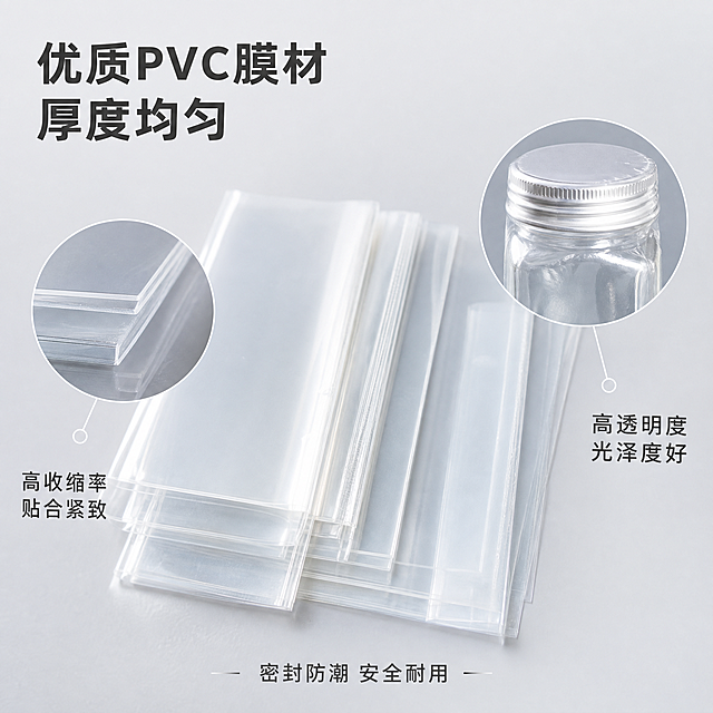 [主图-3] 热收缩膜材质细节品质展示
[氛围风格] 洁净通透 工业品质感 突出材质细节
[画质] 商业摄影质感 微距清晰 材质纹理真实
[元素] 画面中央展示透明PVC热收缩膜的材质细节 多张不同规格的热缩膜平整展开叠放 膜面光滑通透 光线穿透形成柔和光晕 左侧局部放大展示膜材的均匀厚度与平整切面 右侧展示膜材包裹在玻璃瓶口后的收缩效果特写 膜面紧致有光泽 收缩纹理自然 保持产品外观材质颜色与输入产品图一致 杜绝变形色差 精细化处理膜面反光与通透质感 商品主体占比约70% 背景为纯净浅灰色渐变 干净简洁
[光影] 侧逆光为主光源 勾勒透明膜材的边缘高光 展现通透质感 正面柔光补光 膜面细节清晰 明暗层次丰富 阴影柔和
[配色] 主色浅灰白纯净背景 辅助色透明膜材清透蓝白 强调色深灰文字
[视角构图] 微距平视角度 主体居中 画中画局部放大布局 景深适中 焦点在膜材细节
[文字版式] 左上角标题"优质PVC膜材 厚度均匀" 左侧引线标注"高收缩率 贴合紧致" 右侧引线标注"高透明度 光泽度好" 底部小字"密封防潮 安全耐用" 文字简洁清晰 不遮挡材质主体
[输出要求] 1:1比例 文字清晰锐利 超高清商业摄影质感
[负向提示词] 变形 文字错乱 产品图模糊 背景杂乱 水印 电商平台Logo