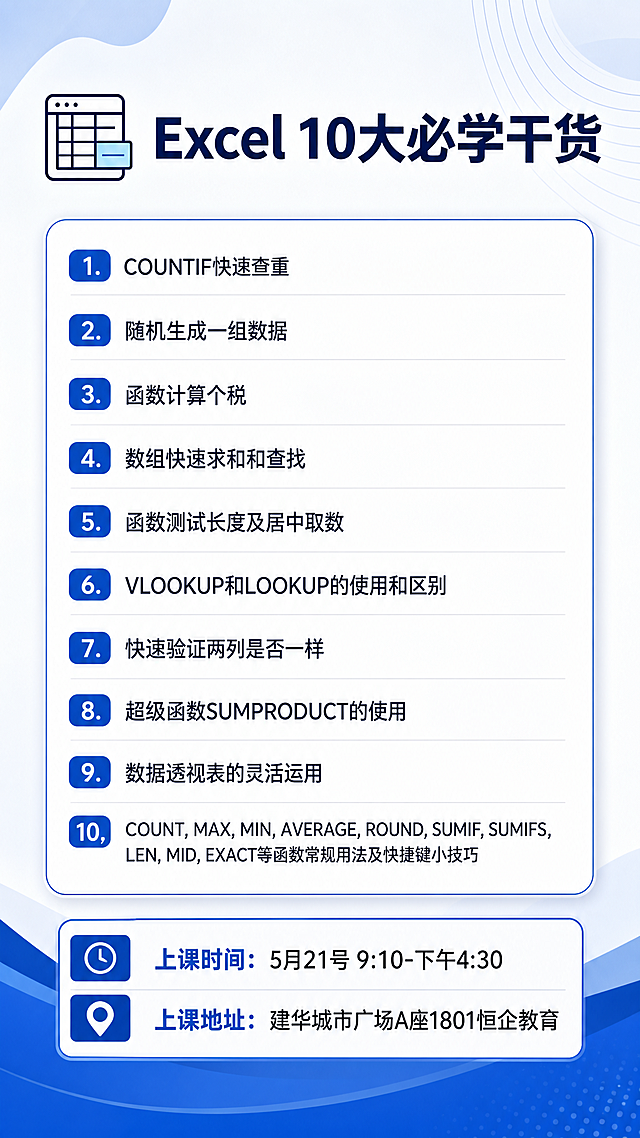 基于原图片内容，编辑成适合发朋友圈的海报，保留原有的“Excel 10大必学干货”以及10个干货知识点，在海报下方添加上课信息：上课时间：5月21号 9:10-下午4:30，上课地址：建华城市广场A座1801恒企教育，整体风格简约商务，适合教育培训宣传