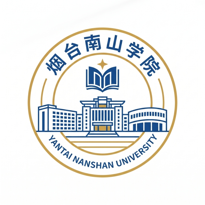 基于这张烟台南山学院的校园文创徽章，提取核心元素生成简约现代的校园品牌logo，保留校徽圆形设计、书本星星和建筑元素，蓝白金配色，矢量风格，适合品牌使用预览效果