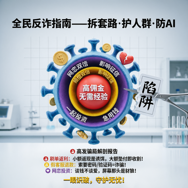 反诈宣传海报，系列统一主标题"全民反诈指南——拆套路·护人群·防AI"，底部统一标语"一眼识破，守护无忧！"，这张为套路拆解版。背景：浅灰色实验室底纹，带有网格坐标线。中心位置：蓝色3D诈骗病毒模型，预览效果