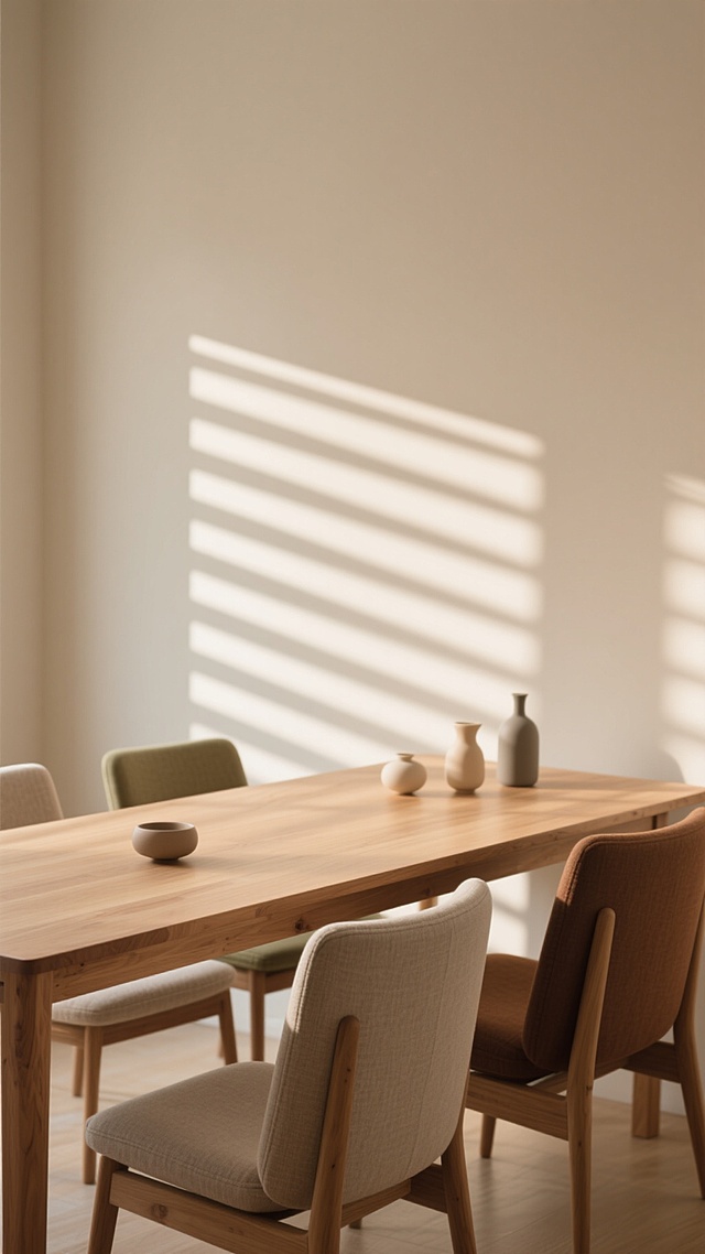 极简主义风格桌面背景，浅原木色实木桌面，搭配不同配色的简约布艺靠椅，柔和自然光透过百叶窗在浅米色墙面上投下整齐的光影条纹，桌面上摆放着不同场景的精致摆设，整体呈现温馨宁静的氛围，光影层次丰富，色调和谐统一，质感细腻真实，构图简洁大方，适合作为桌面背景使用。