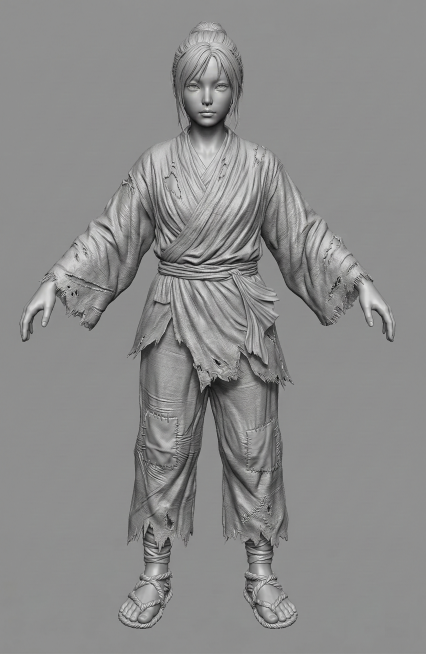 ZBrush high-poly model, grayscale, no color, realistic pleats, detailed fabric folds and textures, h预览效果