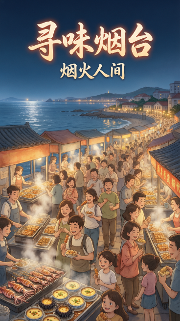 动画风格，寻味烟台烟火人间主题旅游宣传海报，主标题“寻味烟台”，副标题“烟火人间”，展示烟台海滨夜市烟火小吃街场景，暖色调温馨热闹氛围，版式精美，9:16竖版，动画风绘画质感，层次丰富，保留安全边距，预览效果