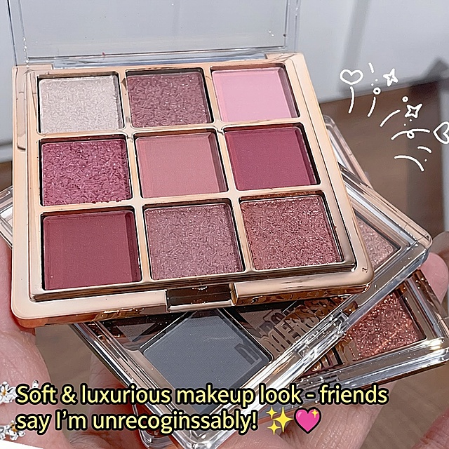 简洁翻译方案："Soft & luxurious makeup look - friends say I'm unrecognizable! ✨💖"，缩短句式，维持字体颜色与结构