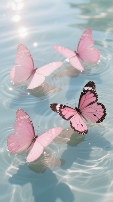 五只形态各异的粉色系蝴蝶，翅膀呈现从浅粉到深粉的渐变效果，带有细腻的白色斑点和黑色边缘，优雅地停留在清澈透明的水面上，水面上有柔和的波纹和光影折射形成的光斑，阳光从上方照射下来，在蝴蝶翅膀和水面上形成清晰的阴影，整体画面呈现出柔和、浪漫、梦幻的氛围，高清摄影质感，细节清晰，色彩饱和度适中，光影层次丰富。预览效果