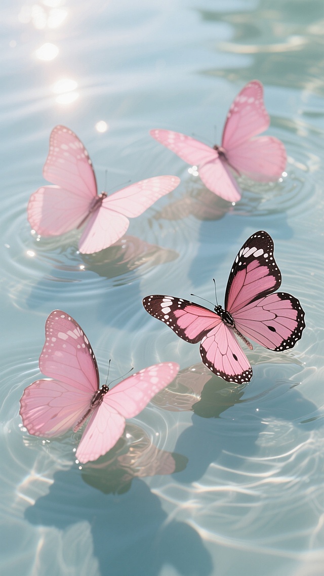 五只形态各异的粉色系蝴蝶，翅膀呈现从浅粉到深粉的渐变效果，带有细腻的白色斑点和黑色边缘，优雅地停留在清澈透明的水面上，水面上有柔和的波纹和光影折射形成的光斑，阳光从上方照射下来，在蝴蝶翅膀和水面上形成清晰的阴影，整体画面呈现出柔和、浪漫、梦幻的氛围，高清摄影质感，细节清晰，色彩饱和度适中，光影层次丰富。
