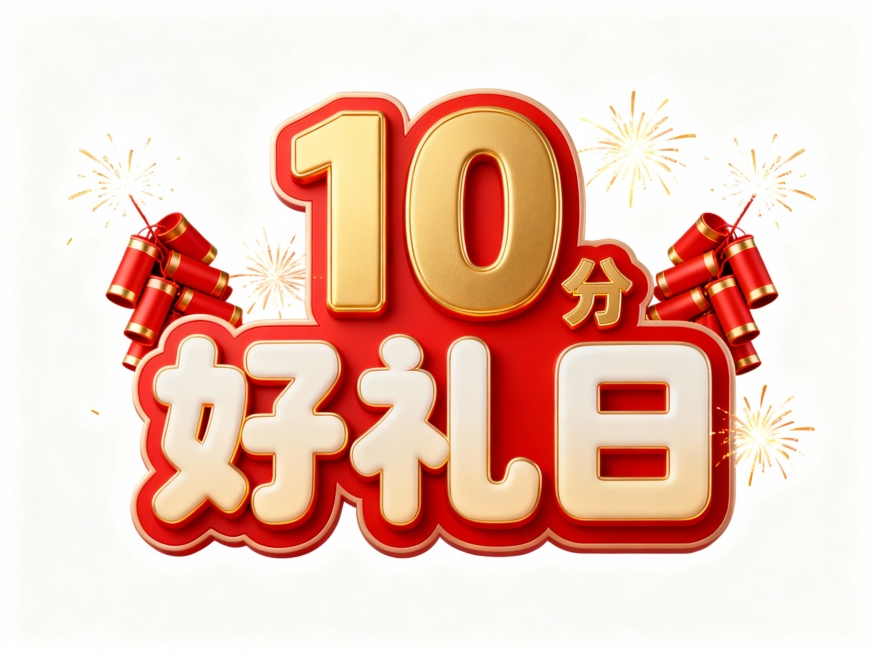 字体设计“10分好礼日”背景纯黑，10和好礼日字体一样大，分字体小一点，笔画圆润，笔画流畅。以红色为主色调，搭配金色和米白色，，红色热烈喜庆，金色凸显华贵，米白色柔和过渡，层次丰富。字体边缘有立体效果预览效果