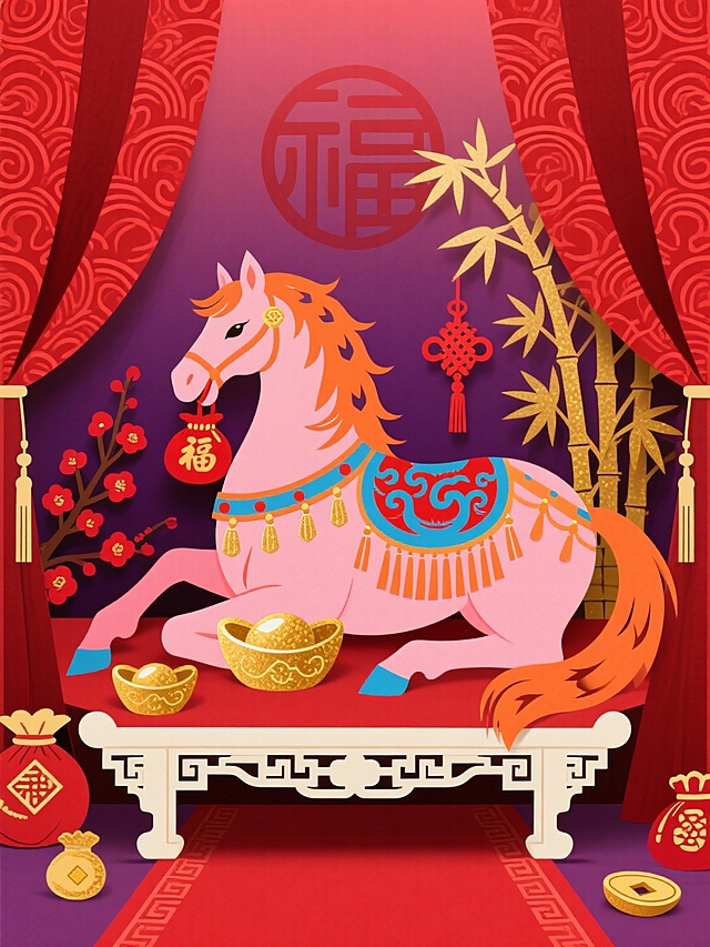 主体是粉橙色骏马（装饰红蓝如意纹、橙金流苏配饰，点缀金箔质感），侧身卧立，前蹄抱鎏金元宝，嘴衔红锦福袋，神态娇憨灵动；周围环绕金竹、红梅、金元宝、福袋、中国结等吉祥扁平剪纸元素；场景为纯扁平剪纸中式厅堂（红地毯、雕花供桌、锦缎帷幕，无立体纹路）；背景为红紫渐变扁平纹理（带福字暗纹），配色浓烈鲜艳（粉橙、大红、紫红、鎏金、米白）；纯扁平剪纸风格，无阴影无层次，线条利落干净，喜庆华贵，凸显富贵祥和的新年氛围。