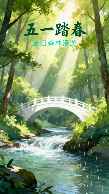 国风插画风格五一主题海报，画面为阳光明媚的春天森林，郁郁葱葱的树木，阳光透过枝叶形成丁达尔效应投射下来，林间有白色拱桥，下方是潺潺河流，水面泛着细碎涟漪，同时点缀淅淅沥沥的雨丝元素，整体画面高清自然，预览效果