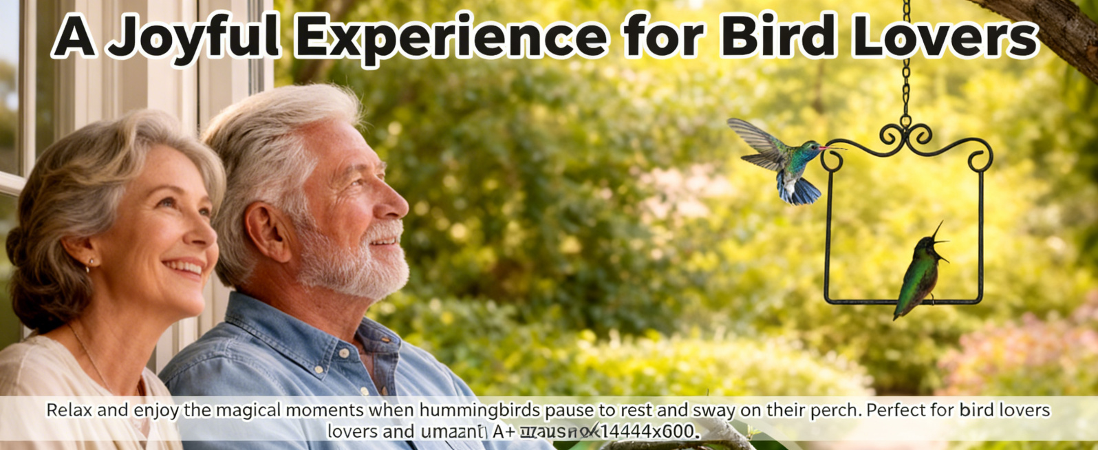 亚马逊A+观赏体验图，尺寸1464x600，温馨场景：一对中老年夫妇在阳台窗边微笑着看向户外悬挂的黑色金属蜂鸟栖木，栖木上停着一只蜂鸟，背景是明亮的花园绿植，氛围温馨治愈，上方主标题文字"A Joyf预览效果