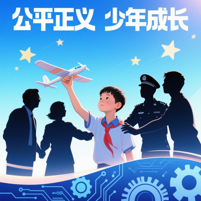 画面中心是一位少年手持航模，眼神坚定望向远方，周围环绕着老师、警察和专家的剪影，他们的手共同搭在航模上，象征协同合作。背景是渐变的蓝色天空，点缀着象征希望的星星，底部有齿轮和电路板元素，代表理性与科技预览效果