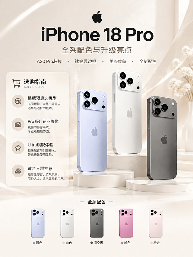 3:4竖版商业数码海报，米杏暖白色浅色系背景，细腻柔和漫射光影，极淡的细闪效果，白色圆形展台，iPhone 18系列三款产品图错落陈列，左侧图标+文字信息模块展示选购指南，底部设备配色样机标注名称，简约轻奢，画面通透干净，8K超高清，商业产品渲染，第四张配产品图和选购指南，产品图按照原图，不要重新设计。选购指南内容：根据预算选机型、Pro系列专业影像、Ultra旗舰体验、适合人群推荐