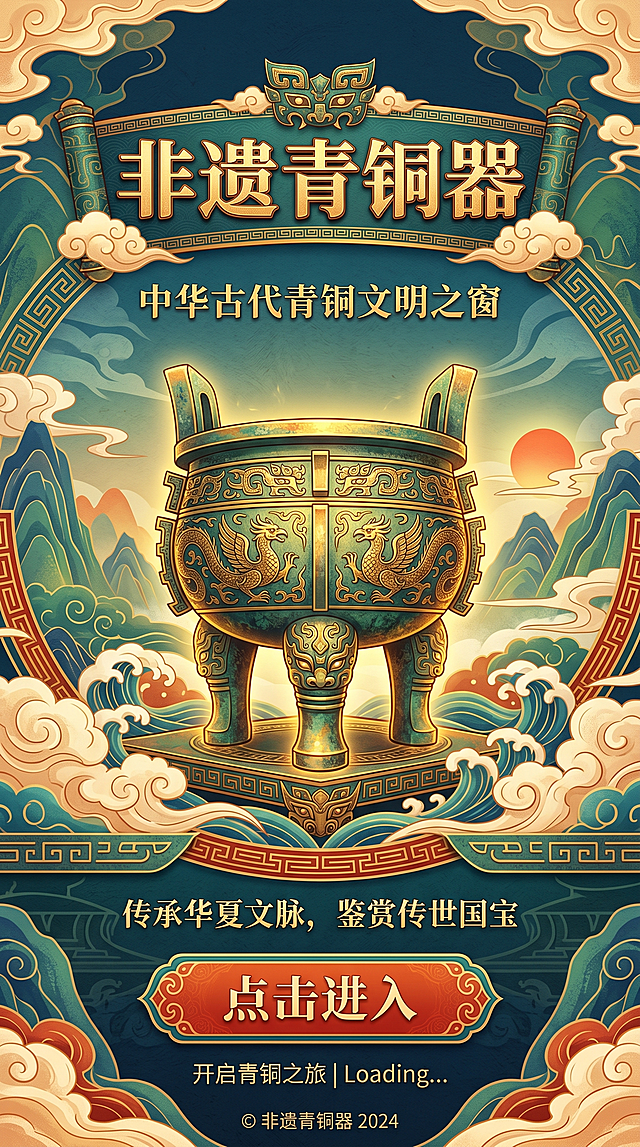 帮我生成非遗青铜器APP的界面包含启动页，2. 账号体系整套页面3. 底部核心 Tab 主页（主流 4Tab 布局）4.电商购物 APP 5.额外页面内容资讯 / 短视频 APP 额外页面6.博物馆预定界面7.介绍青铜器界面等等要12个界面