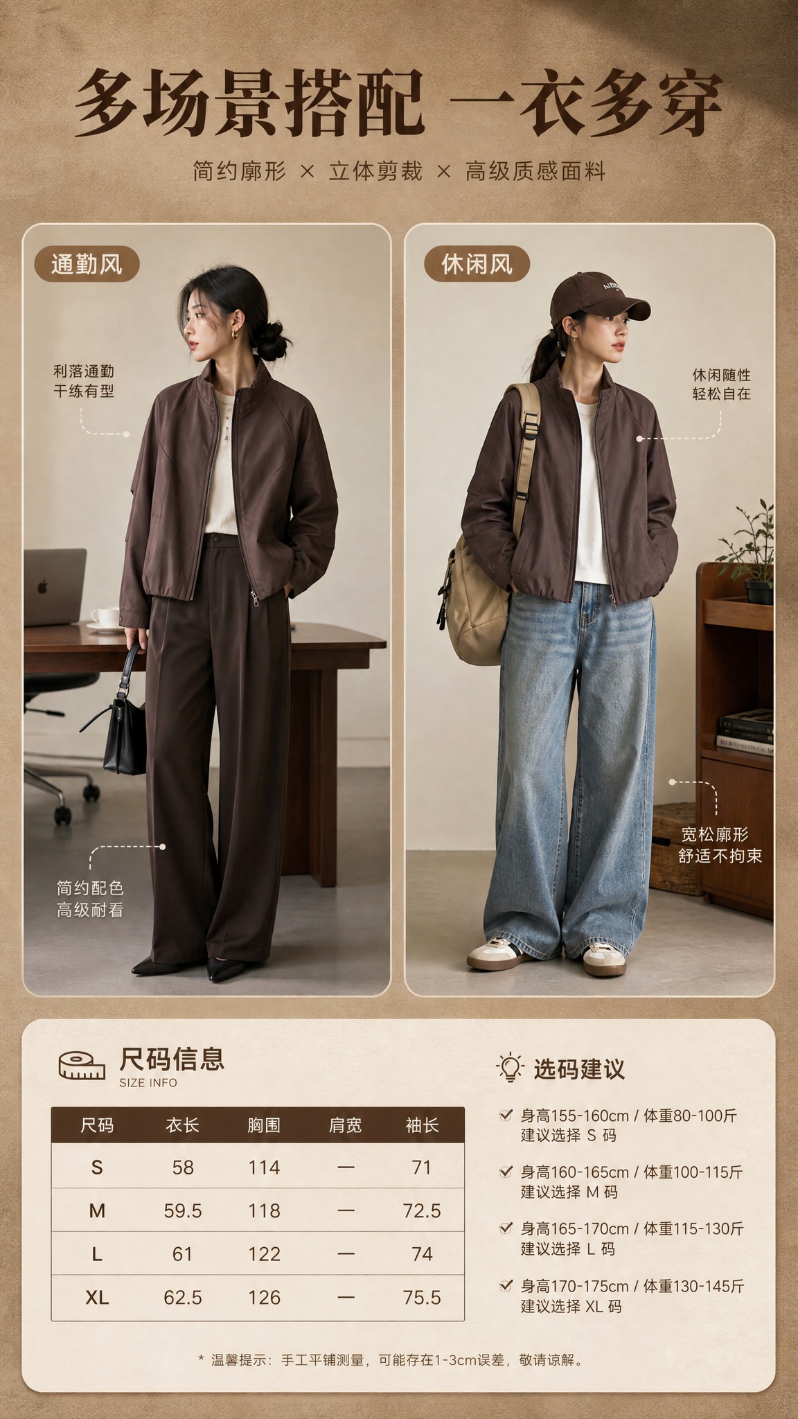 [商品] 使用【图1】深棕色立领短款廓形夹克；商品处理：保留立… - 图片创意预览