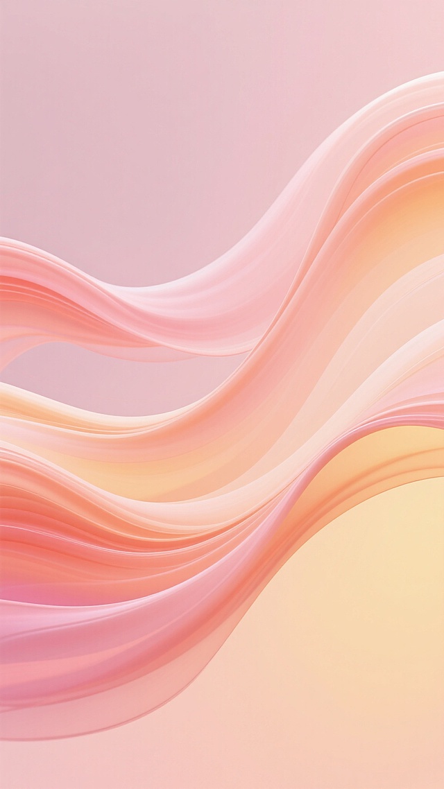 抽象背景设计，由流畅、柔和的波浪线条构成，呈现出轻盈飘逸的动态感，采用光滑细腻的渐变质感，整体风格简洁现代，色调改为温暖的粉色、橙色和黄色渐变，保持原有的光影过渡和层次感，画面干净通透，无文字和logo。