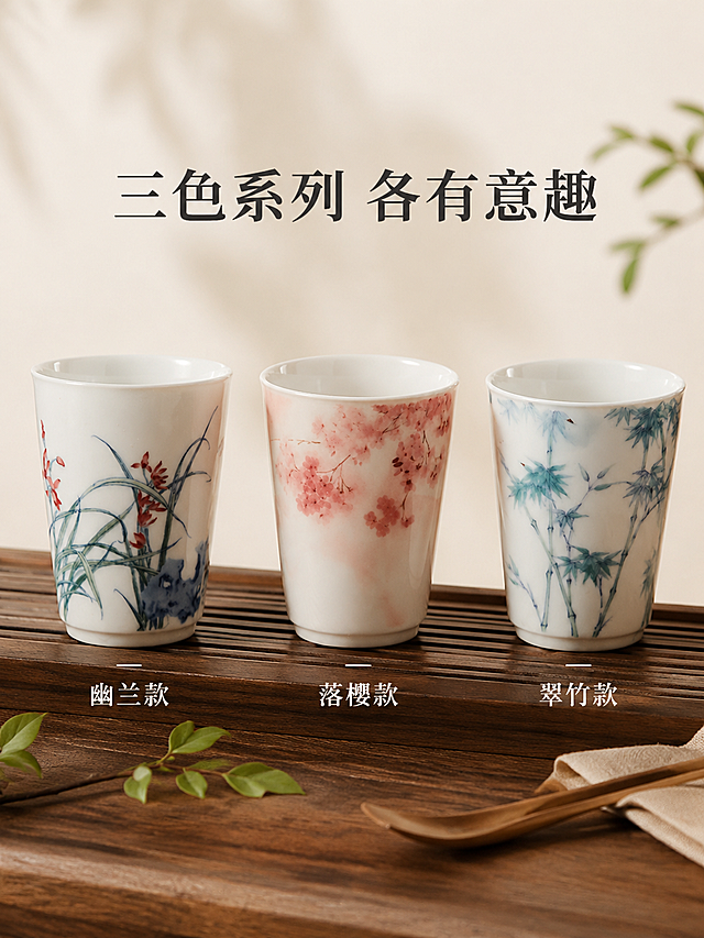 [第5屏] 系列展示屏-三款花色全家福。本屏使用【图1】【图3】【图5】作为三款花色参考（兰花款、樱花款、翠竹款）。
[氛围/风格] 雅致茶席陈列场景，温润木质感，东方美学陈列，突出三款系列感。
[元素布局] 三款可乐杯横向并排陈列于木质茶席上，兰花款居左，樱花款居中，翠竹款居右；三杯呈45度角微侧摆放，杯身总占比约60%；背景为浅米色素净背景，下方木质茶盘纹理；茶席上点缀一小枝绿叶与茶则，增加茶席氛围；三款杯子的纹样、颜色、杯型均与输入产品图完全一致。
[光影质感] 上方均匀柔光，杯口高光一致，杯底柔和投影于木面，整体光线均匀明亮，突出白瓷质感。
[配色色系] 全局底色米白暖调 #F5F0E8；主色白瓷+三款花色（红兰/粉樱/青竹）；辅助色浅棕木色、墨绿点缀、米白茶席。
[视角构图] 正面微俯视，三杯并列为视觉中心，阅读动线：上方标题 → 中部三杯 → 下方花色名称。
[文字版式] 上部居中主标题「三色系列 各有意趣」，粗宋体深灰色大字；下方对应三杯位置标注花色名称：左「幽兰款」、中「落樱款」、右「翠竹款」；文字简洁雅致，不遮挡杯身。
[比例分辨率] 3:4竖版比例，width=1200，height=1600，4K分辨率，文字清晰可读。
[负向提示词] 杯身变形，三款纹样混淆，颜色偏差，水印，文字过小，背景杂乱。