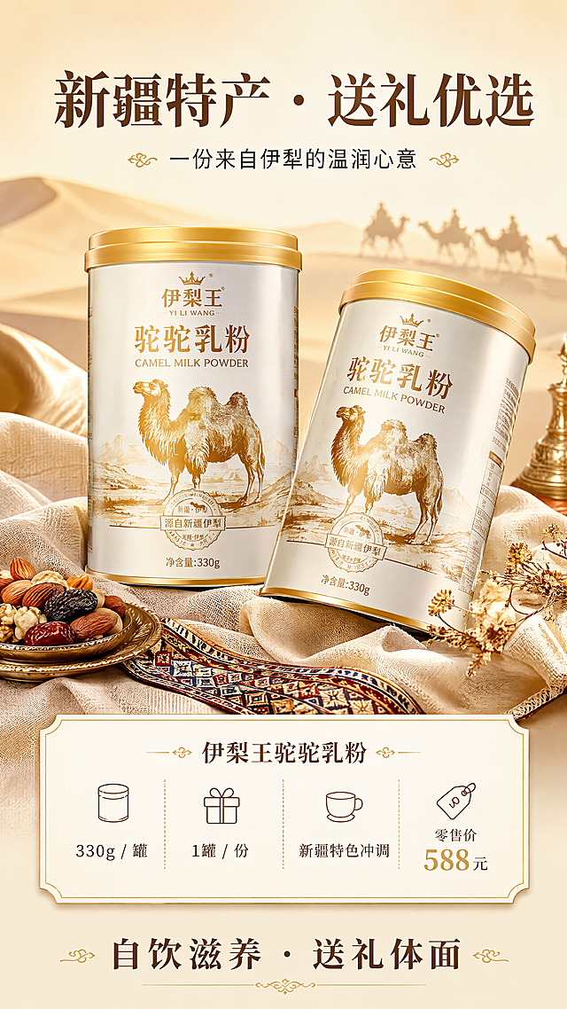 [第5张] 详情页规格礼赠收尾专张 — 330g罐装规格 + 新疆特产送礼优选。
[氛围/风格] 高级礼赠感 + 西域特产氛围 + 商业摄影质感，金白配色，突出送礼体面与品质感。
[元素布局] 画面中心偏上位置放置两罐伊梨王驼驼乳粉（与第1张罐体一致），一罐正面展示，一罐45°侧放，形成高低错落的陈列感，产品合计占比约50%；罐体下方铺有米色亚麻布，旁边点缀新疆特色元素：一小碟干果、一条民族纹样织带、几片干花；背景为浅金色渐变，上方有虚化的沙漠驼队剪影呼应产地；画面下半部分为规格信息区与礼赠文案区；整体画面精致有档次。
[光影质感] 顶部柔光箱均匀打光，罐体金色标签有亮面高光，底部有柔和投影，整体光线干净高级。
[配色色系] 全局底色 #F3E9D2（浅金奶白）；主色奶白 + 沙漠金；辅助色深棕、米色；点缀色金箔质感。
[视角构图] 正面微俯视，产品居中陈列，阅读动线从上（产品）到下（规格与文案）。
[文字版式] 顶部居中主标题「新疆特产 · 送礼优选」，副标题「一份来自伊犁的温润心意」，宋体大字标题 + 黑体副标题；产品下方规格信息区用信息卡形式呈现：「伊梨王驼驼乳粉」「330g / 罐」「1罐 / 份」「新疆特色冲调」「零售价 588元」，信息卡为奶白底配金色细边框；底部收尾语「自饮滋养 · 送礼体面」；字体与全套统一，字色深棕 + 金色；文字清晰可读。
[比例分辨率] 9:16 竖版比例，4K 分辨率，文字清晰可辨，高清画质。
[负向提示词] 罐体变形，缺件错件，颜色偏差，水印，文字错乱，价格表述错误，极限词，医疗功效。