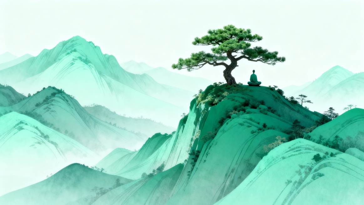 青绿山水风格，远山层层叠叠，山顶青松下有个极小的人在打坐，画面简洁，人物微立体，人物在画面右侧，背景山水风景，淡雅，青绿色系，增强画面层次感与现代艺术气息，线条简洁流畅，画面明亮清新，色彩搭配和谐预览效果