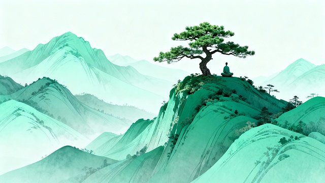 水墨风插画，青绿山水间松下打坐，虚实相生，营造清透柔和的虚拟自然意境。禅意，冥想
