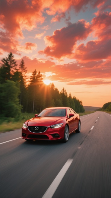 写实摄影风格，一辆红色轿车在开阔的公路上行驶，车头略微偏向左侧，车身呈现出流畅的线条和金属质感。天空中布满了橙红色的云彩，夕阳的光芒从云层中透射出来，照亮了整个场景。公路的路面平滑，车轮在行驶中带有轻微的动感模糊。道路两旁是茂密的绿色树林，树木高大挺拔，远处的地平线清晰可见。整体画面色彩浓郁，光影对比强烈，营造出一种温暖而充满活力的氛围，展现出车辆在自然景色中行驶的动感与美感。预览效果