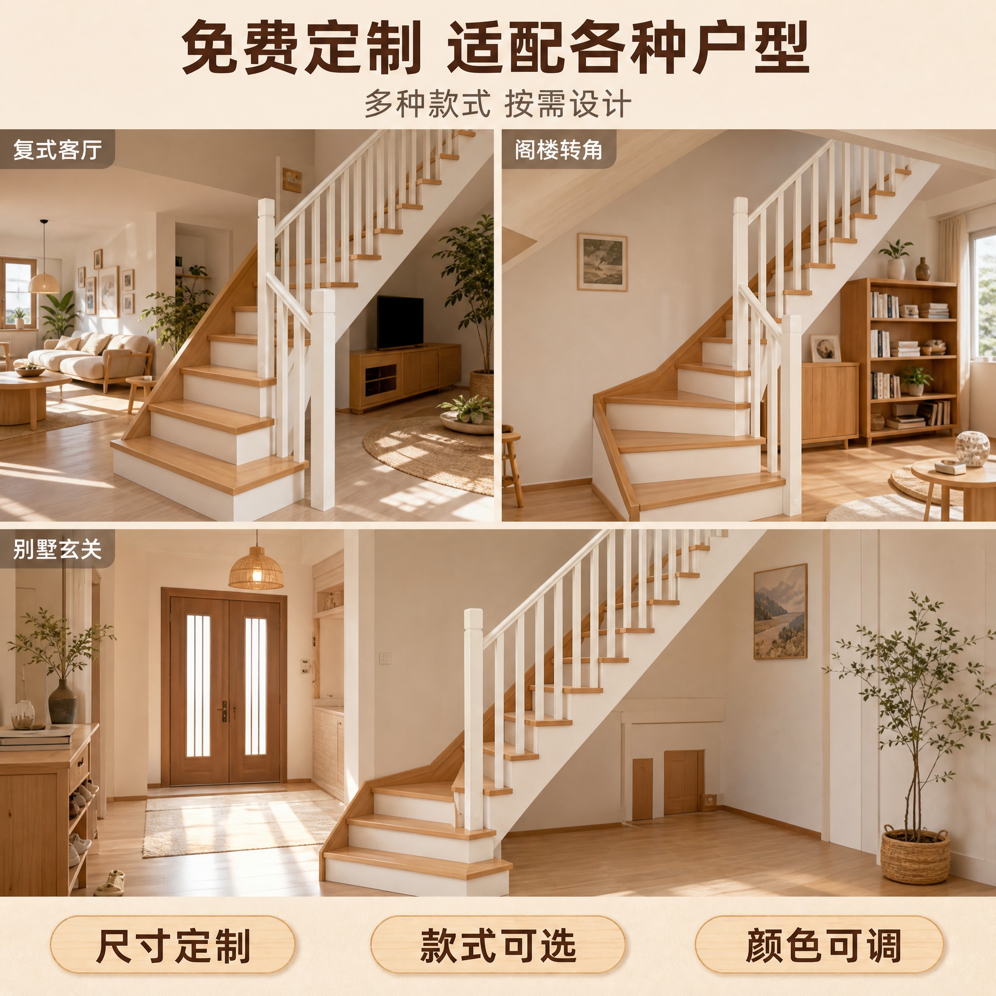 [主图-4] 多场景适配主图，展示实木扶手楼梯在不同家居空间中… - 图片创意预览