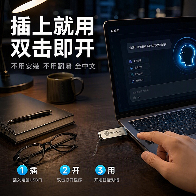 [主图-4] USB-Claw使用场景-办公桌面即插即用。本张使用【图1】作为产品展示。
[氛围风格] 真实办公场景沉浸感，深色科技桌面氛围，专业高效的工作场景。
[画质] 商业摄影质感、场景真实自然、产品清晰融入环境、光线柔和有层次。
[元素] 现代简约办公桌面场景，深色木质桌面；USB-Claw U盘插在笔记本电脑的USB接口上，位于画面中右侧，占比约20%；笔记本电脑屏幕显示AI对话界面，有蓝色发光效果；桌面上还有咖啡杯、笔记本、眼镜等办公用品；背景是虚化的办公室环境；一只手（亚洲人手部局部）正指向U盘或准备操作电脑。**保持U盘外观（即物理结构、金属材质质感、银色颜色）与输入产品图一致，杜绝任何变形和色差，U盘插在电脑接口上的状态真实自然，接触点合理，无悬浮**。
[光影] 桌面台灯暖光+屏幕冷光混合照明，主光来自左上方台灯，屏幕光从前方照亮产品和手部，阴影柔和自然，场景有层次感。
[配色] 全局场景色：深木色桌面+暖光氛围；主色 #00D4FF 科技蓝（屏幕光效）；辅助色暖金色（台灯光）；文字白色。
[视角构图] 桌面俯视45度视角，产品与电脑为视觉中心，阅读动线从产品→屏幕→文案，场景沉浸感强。
[文字版式] 左上角主标题「插上就用 双击即开」白色粗体大号；副标题「不用安装 不用翻墙 全中文」灰色中号；左下角三个步骤编号横向排列：「1插」「2开」「3用」蓝底白字圆形编号+短说明。文字放在画面左上和左下负空间，不遮挡产品主体。
[输出要求] 1:1比例，宽度1500高度1500，4K分辨率，文字清晰锐利，超高清商业摄影质感。
[负向提示词] 变形，文字错乱，手部畸形，手指扭曲，产品悬浮，水印，电商平台Logo，人物面部扭曲。