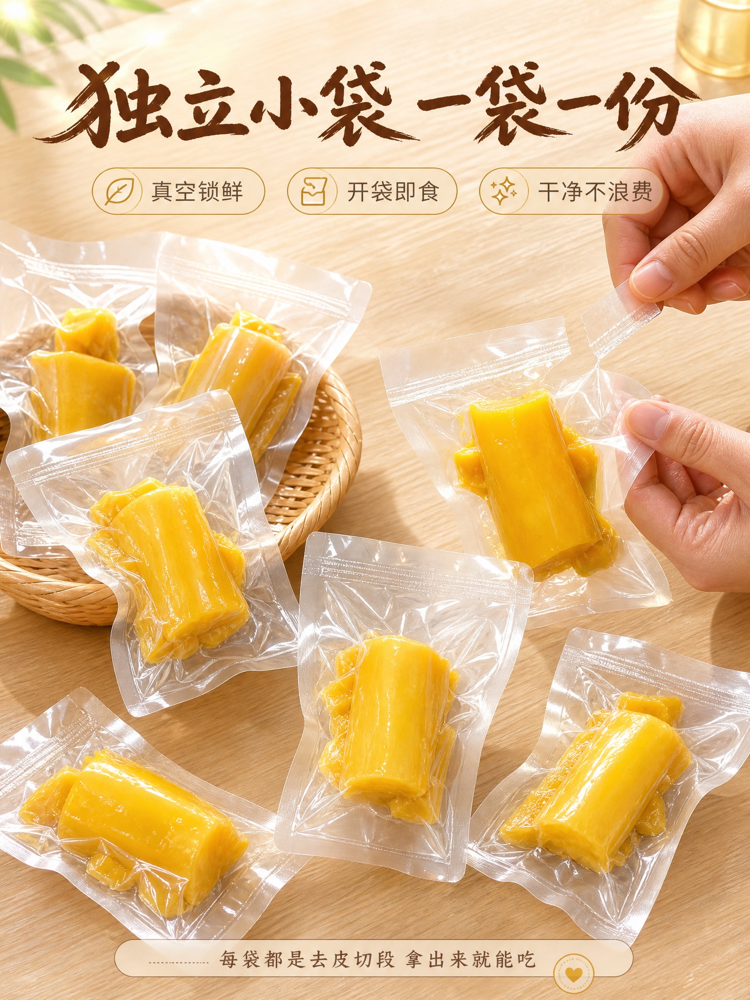 [商品] 使用【图1】即食黄金木薯产品图；保留独立真空小段包装… - 图片创意预览