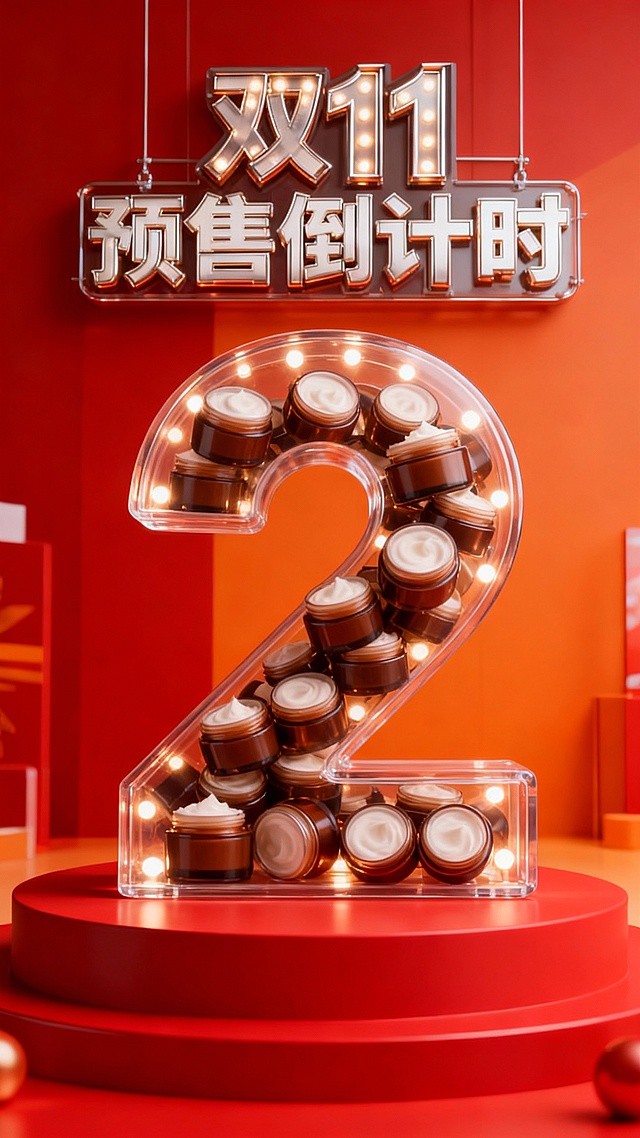 将图中的商品裂变出无数个（商品比例外观一致），通过旋转堆叠的方式填充到“2”数字形状的透明容器中，透明容器被商品填满不留一丝空隙。“2”立在红色展台上，背景是红橙促销氛围，灯光装饰容器，画面上方为金属时尚大字灯牌“双11 预售倒计时”。