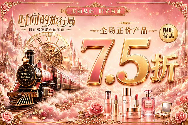 参考图的复古蒸汽火车+时钟+粉金轻奢风格，将画面改为横版大地贴设计。画面整体为粉金渐变背景，梦幻云雾与金色光斑氛围。

版式布局（横版3:2）：
- 左侧区域：复古蒸汽火车头（粉黑配色，金色装饰）从云雾中驶出，背景有巨大的金色罗马数字时钟表盘，周围是粉色云雾中的欧式城堡建筑，营造时间旅行的梦幻场景
- 右侧及中央区域：为文字信息区，突出促销信息

文字内容与层级（严格按以下优先级呈现）：
1. 最核心最大字号（占据画面视觉中心偏右，金色立体大字）："7.5折"，字体巨大醒目，占画面高度约1/3，金色金属质感带粉色渐变，是整个画面最突出的元素
2. "7.5折"上方小字："全场正价产品"，金色字体，字号中等
3. "7.5折"右上角圆形徽章："限时优惠"，金色圆形徽章
4. 画面顶部偏左较小字号标题："时间的旅行局"，金色艺术字，字号明显小于7.5折
5. 标题下方小字："时间带不走你的美丽"
6. 最顶部装饰横幅："美丽从此，时光为证"

装饰元素：金色欧式花纹边框、复古装饰线条、玫瑰花、金色光斑粒子、云雾缭绕

风格：粉金轻奢、复古浪漫、时间旅行主题、3D立体字效、精致华丽

画面中所有数字必须精确渲染，不得错位、遗漏或编造。画面中所有信息区域必须填充完整合理的内容，不得出现空白框、空白占位。版式精美，文字清晰可读。