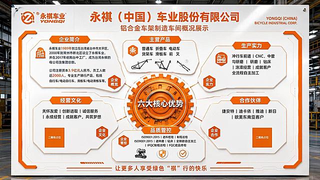 生成一张企业车间介绍宣传海报，放置在车间门口给参观客户展示，要求风格为高端工业制造业风格，高大上吸引人。采用永祺车业提供的品牌橙白为主色调，内容完全沿用用户提供的文字信息，版式参考容和机械提供的5张参考图的版式结构，生成第二种中心辐射式版式，中心齿轮装饰，六大板块环绕排版，布局和第二个参考图一致，换成橙色配色和永祺文字内容，要求所有文字清晰可读，信息板块内容全部填充完整，所有数字必须精确渲染，不得错位、遗漏。画面中所有二维码区域使用纯色方块占位符呈现，方块中央标注"二维码占位"文字，严禁生成任何可识别的二维码图案，画面中所有信息区域必须填充完整合理的内容，不得出现空白框、空白占位。超高清画质，写实商业风格，横版比例16:9，版式精美。