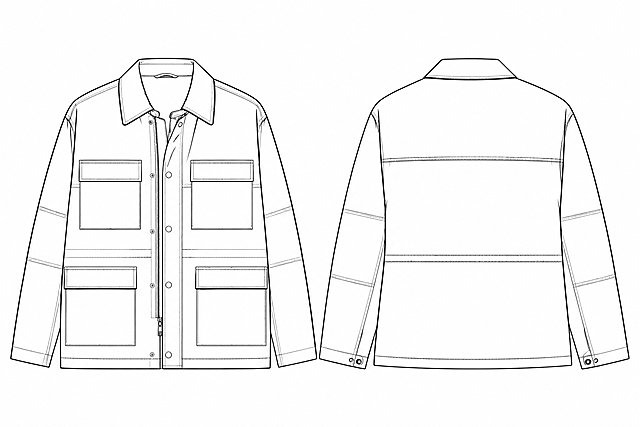 服装工艺款式图，CDR钢笔工具绘制风格，干净利落的黑色线条，白底，男装工装夹克外套，老钱风格比例协调正常，正面和背面左右并排展示，严格按照参考图的款式结构绘制，不添加任何自行设计的元素，高清矢量线条质感，线稿清晰整洁无多余装饰