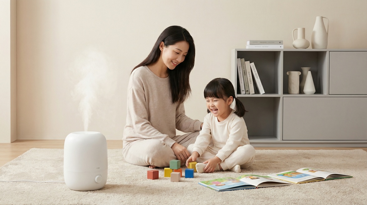 “一张温馨的家庭产品广告摄影图。在一个现代简约风格的客厅里，一位年轻的亚洲母亲和她可爱的小女儿穿着柔软的家居服，坐在米色毛绒地毯上。母亲温柔地微笑着看着女儿玩耍，女儿也笑靥如花。前景中，一台设计圆润的预览效果