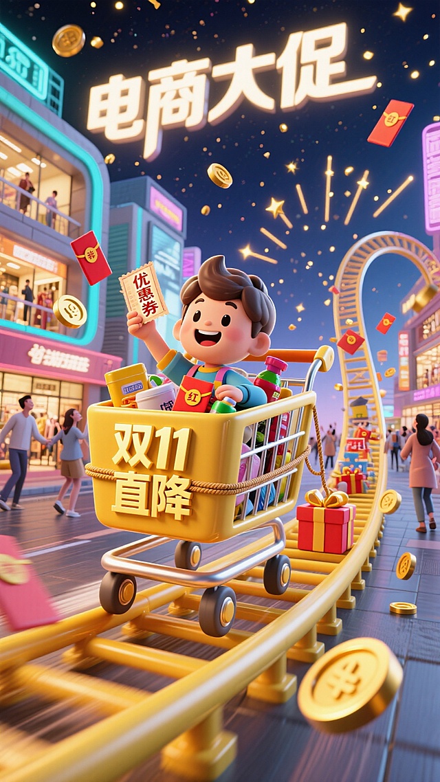 软3D风卡通人物乘购物车疾驰，霓虹灯与鎏金粒子点缀夜市，喜庆促销氛围浓烈，双11大促主题鲜明。