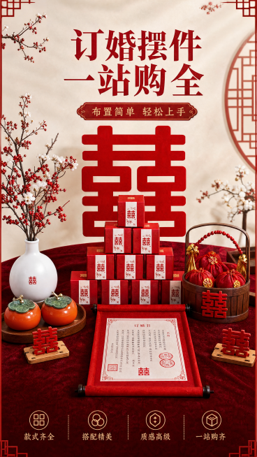 [第2屏] 订婚摆件一站式购齐卖点展示页。本屏使用上传图片https://0.jpg作为版式和产品风格参考。
[氛围/风格] 中式国风婚礼风格，大红色喜庆氛围，传统复古质感，商业摄影质感。
[元素布局预览效果