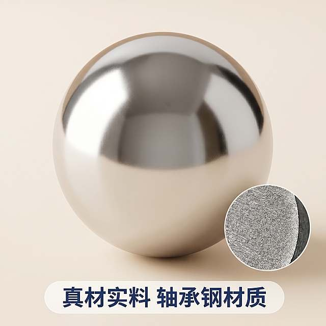 [主图-3] 日本进口轴承钢钢球材质工艺细节展示
[氛围风格] 温柔治愈风，简约干净
[画质] 商业摄影质感，光线柔和通透，产品清晰真实，画面干净高级
[元素] 保持钢球产品外观、材质与输入产品信息保持绝对一致，杜绝任何变形和色差，精细化处理。单颗钢球做微距特写放大居中展示，突出钢球表面的高精度光滑质感，右下角做一个更小的局部切面对比框，展示内部轴承钢材质结构，背景纯净浅米白，商品主体占比约70%，满屏无边框
[光影] 柔和侧光，突出金属表面细腻质感，阴影轻透不生硬，高光干净不刺眼
[配色] 浅米白背景，和首图保持完全统一的配色体系
[视角构图] 居中特写，微距视角，景深清晰，主体突出
[文字版式] 底部浅色标签写“真材实料 轴承钢材质”，深蓝色小字，不遮挡主体，排版简洁
[比例分辨率] 1:1 比例，2k 分辨率，文字清晰可辨，超高清
[负向提示词] 变形，水印，文字错乱，产品图模糊，背景杂乱，硬阴影，夸张科技风，花哨背景