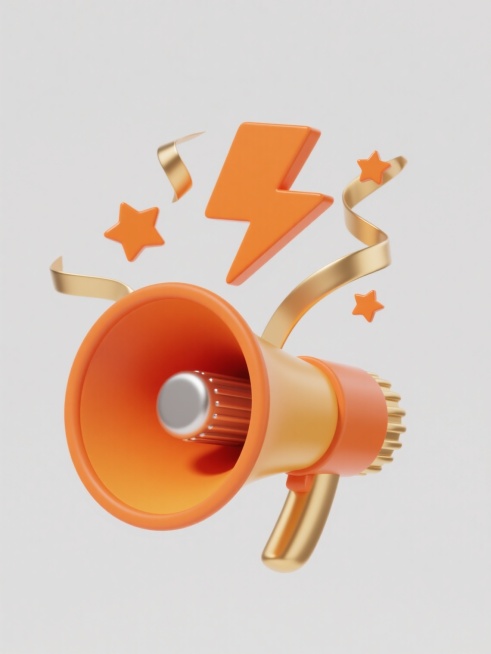 3D立体风格的促销造型图案，主体为一个橙色渐变喇叭，喇叭口内侧和喇叭柄为金色，喇叭中心有银色金属质感的发声部件，喇叭上方有一个橙色闪电形状装饰，周围点缀着橙色星星和金色飘带，整体造型简约现代，采用纯白色纯色背景，图案规整排布，具有现代促销设计感。预览效果